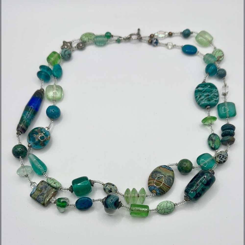 Vintage Necklace PREMIER DESIGNS Art Glass  floral Double Layer colorful